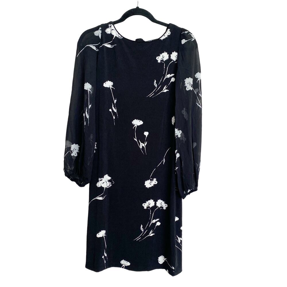 T Tahari Black with White Flowers Dress Sheer Long Sleeves - Sz Small Career - Picture 2 of 10